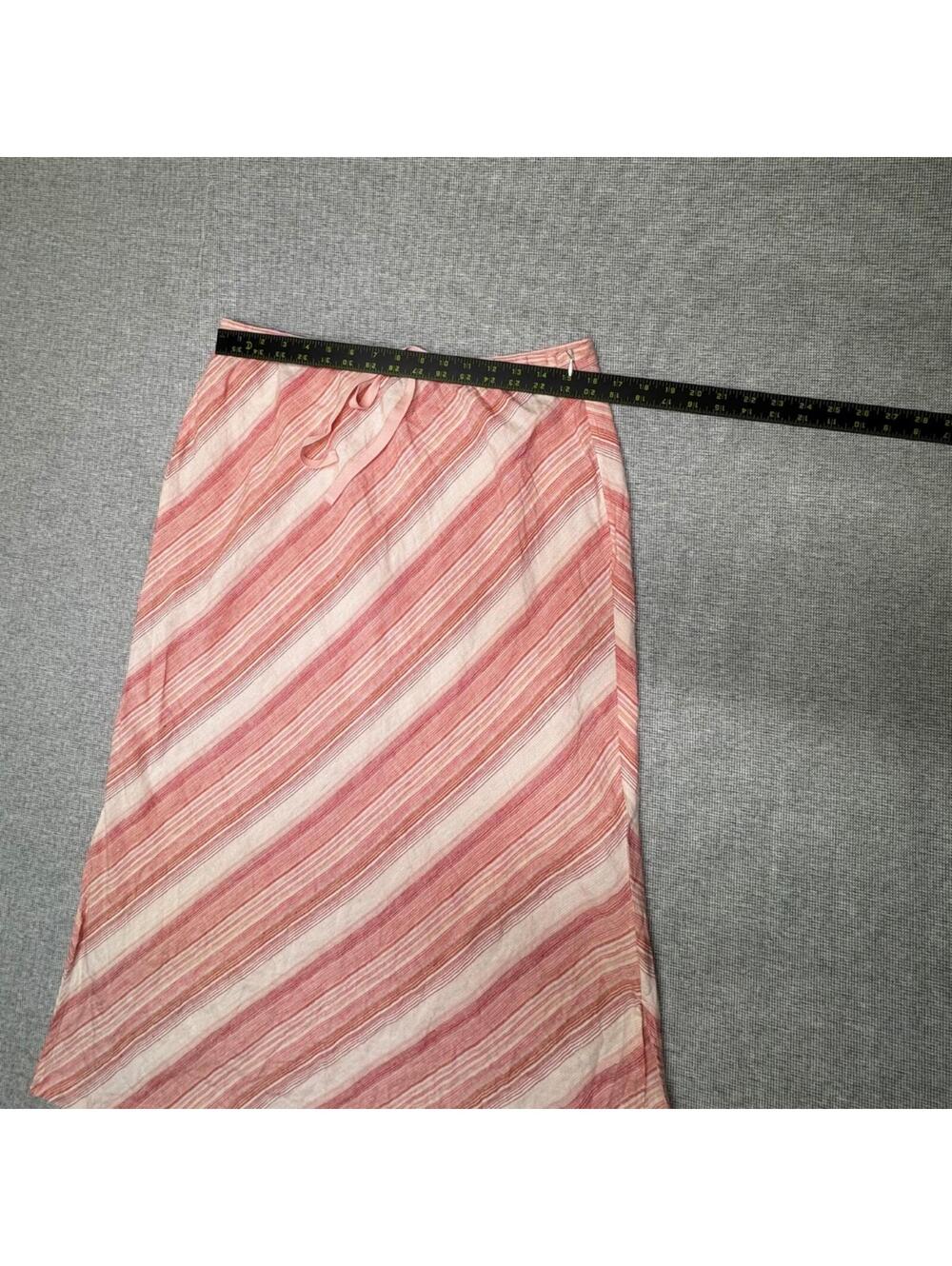 Linden Hill 100% Linen Pink White Striped Wrap Tie Front Midi Skirt Size M - Picture 5 of 5